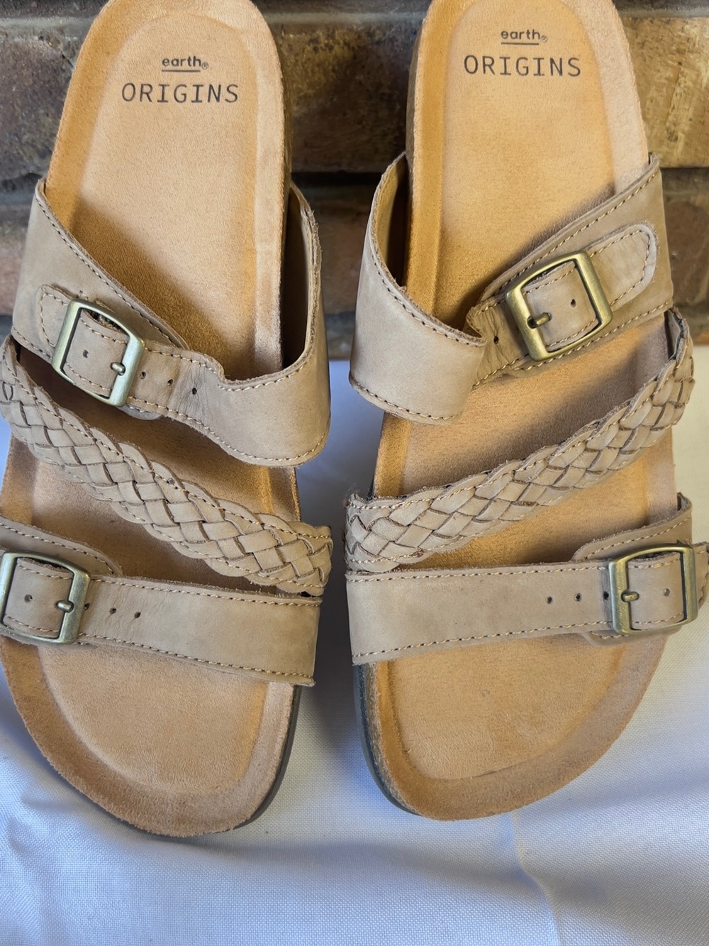 Earth Origins Taupe Braided-Strap Buckle Slide Sandals